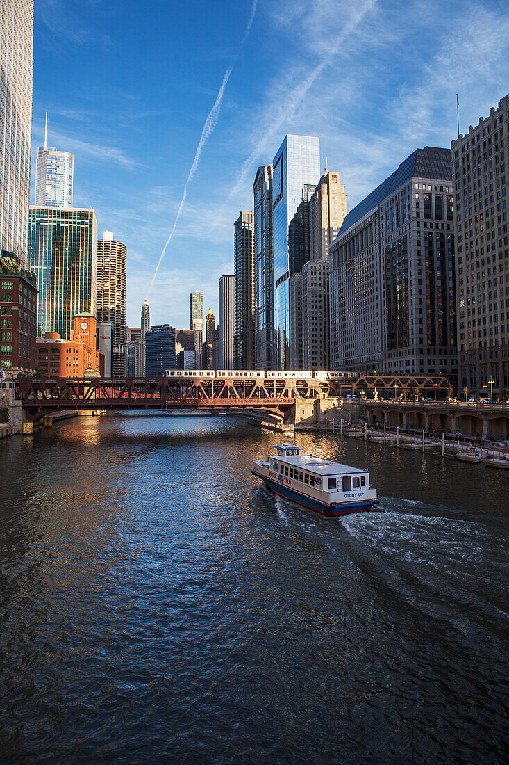 'Chicago Transit Authority train crossing the North Wells Street bridge over the Chicago River; Chicago, Illinois, United States of America'