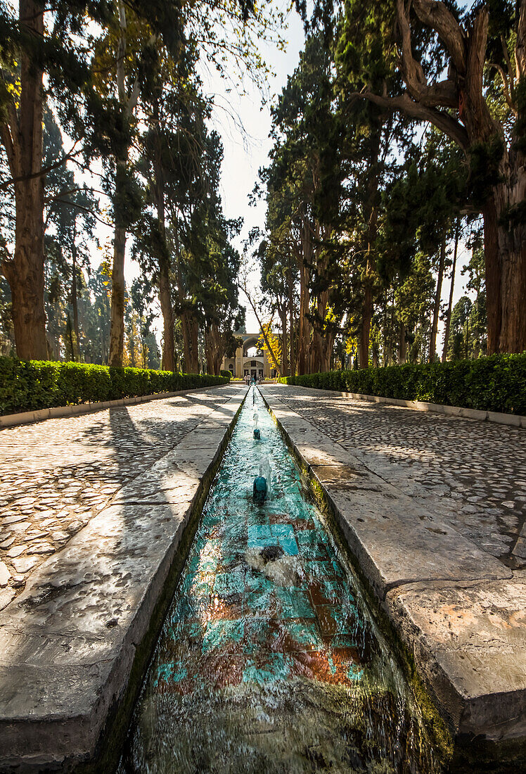 'Canal along the central axis and Safavid pavilion of Fin Garden; Kashan, Esfahan Province, Iran'