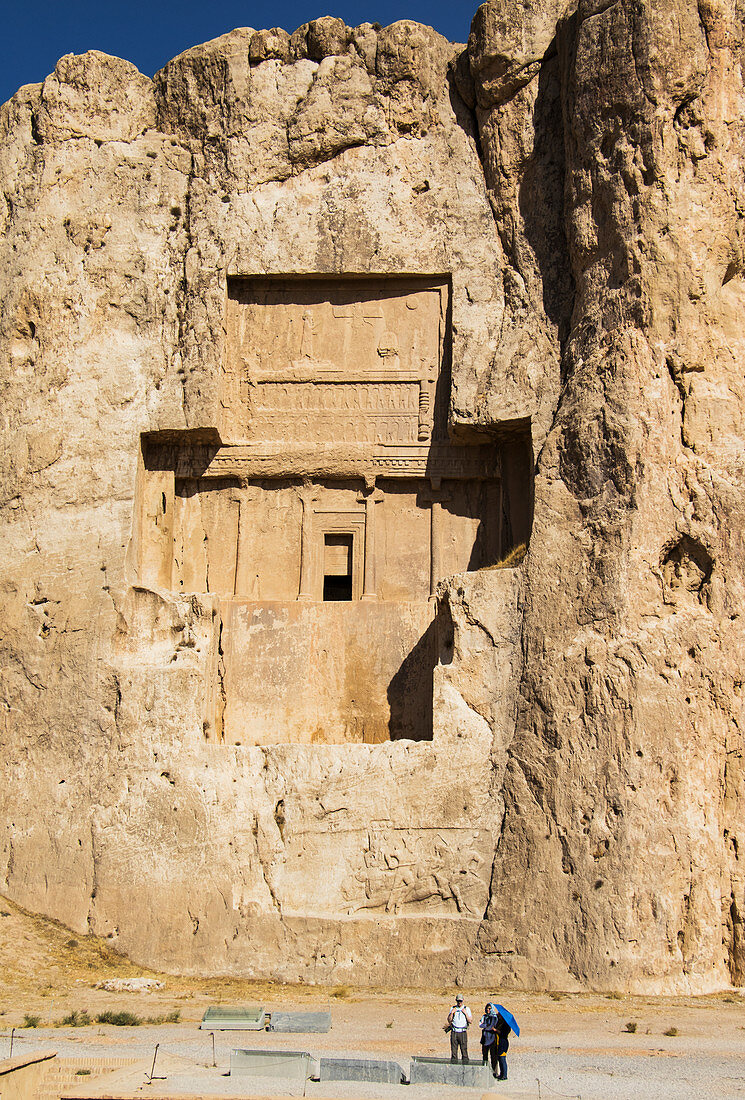 'Tomb of Darius II and bas-relief depicting Bahram II on horseback fighting an adversary, Naqsh-e Rustam, Fars Province, Iran; Naqsh-e Rustam, Fars Province, Iran'