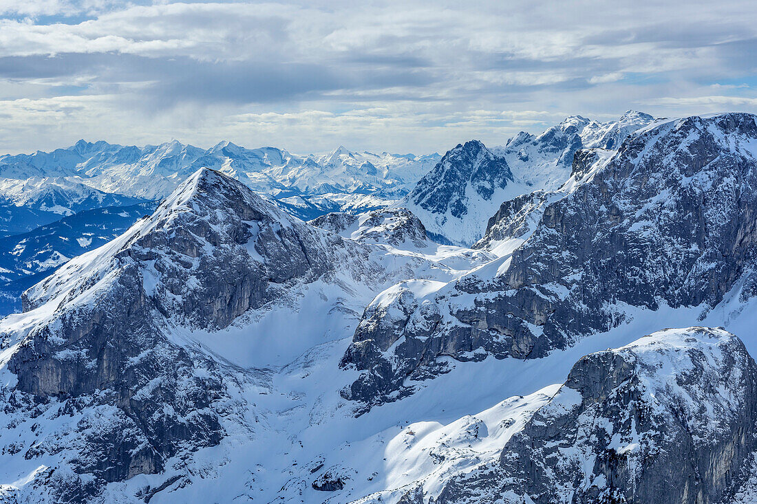 Tauernkogel in foreground, Tauern range and Hochkoenig in background, from Fritzerkogel, Tennengebirge range, Salzburg, Austria