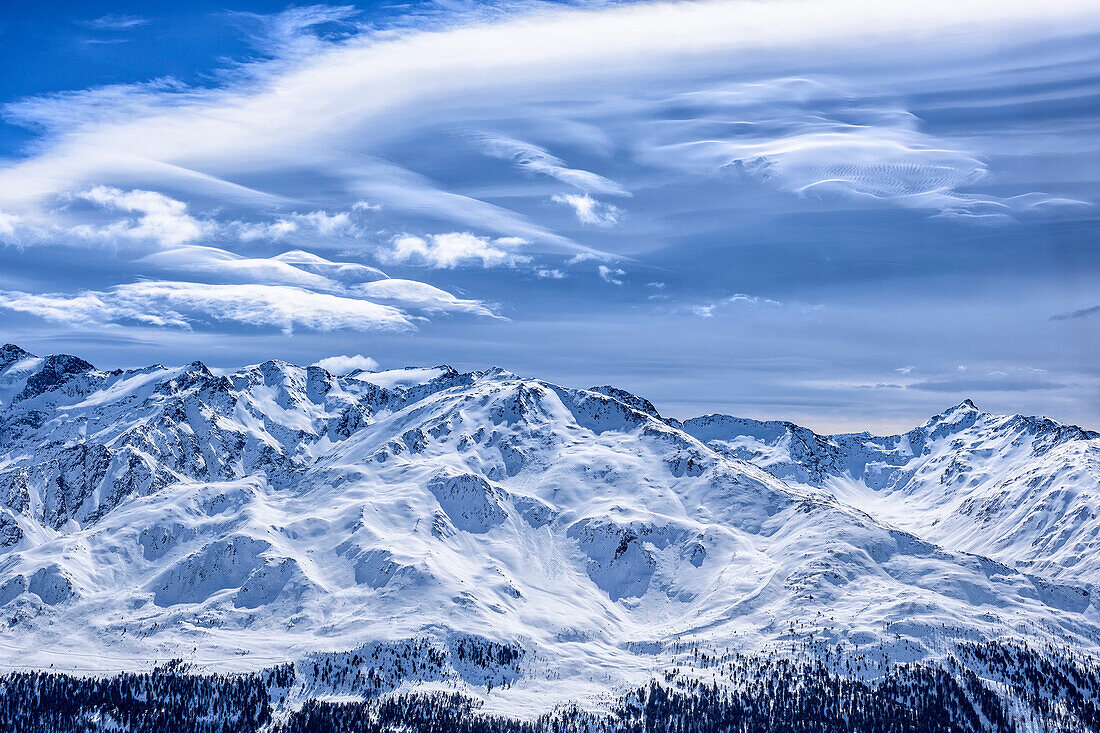 Föhnwolken über Falbanairspitze, Rabenkopf und Danzebell, vom Großen Schafkopf, Großer Schafkopf, Langtauferer Tal, Ötztaler Alpen, Vinschgau, Südtirol, Italien