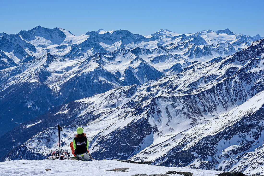 Frau auf Skitour sitzt am Gipfel der Köllkuppe und blickt auf Presanella und Adamello, Köllkuppe, Cima Marmotta, Martelltal, Ortlergruppe, Vinschgau, Südtirol, Italien
