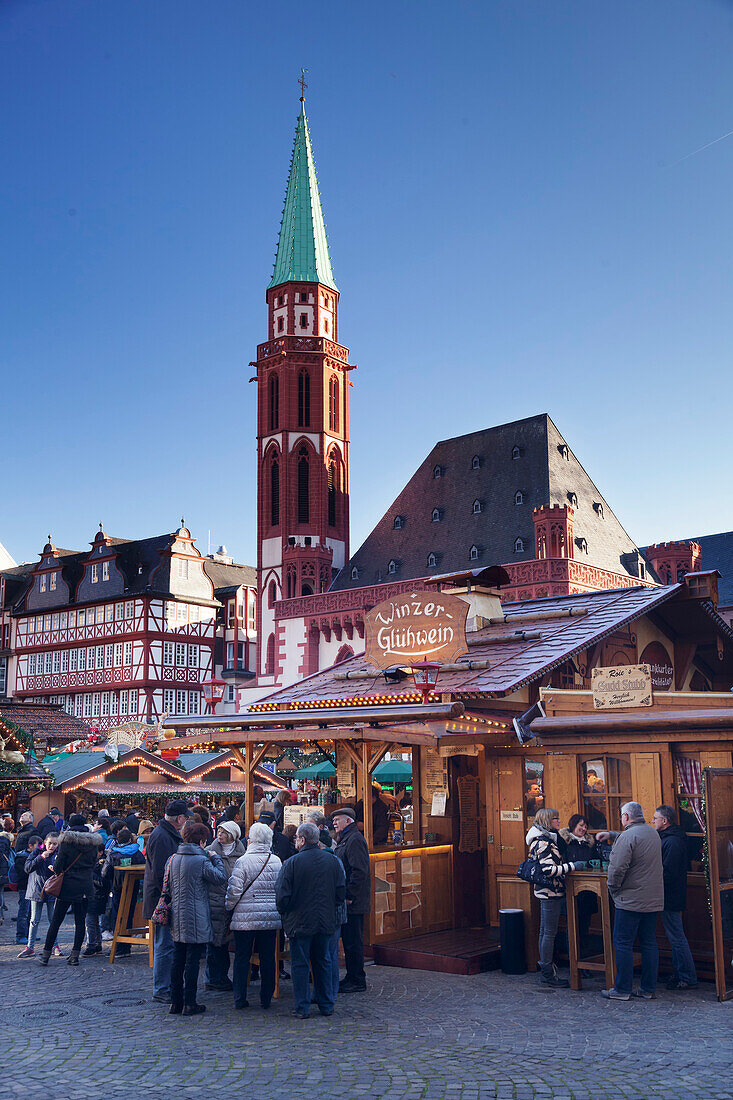 Christmas fair at Roemer, Roemerberg square, Nikolaikirche church, Frankfurt, Hesse, Germany, Europe