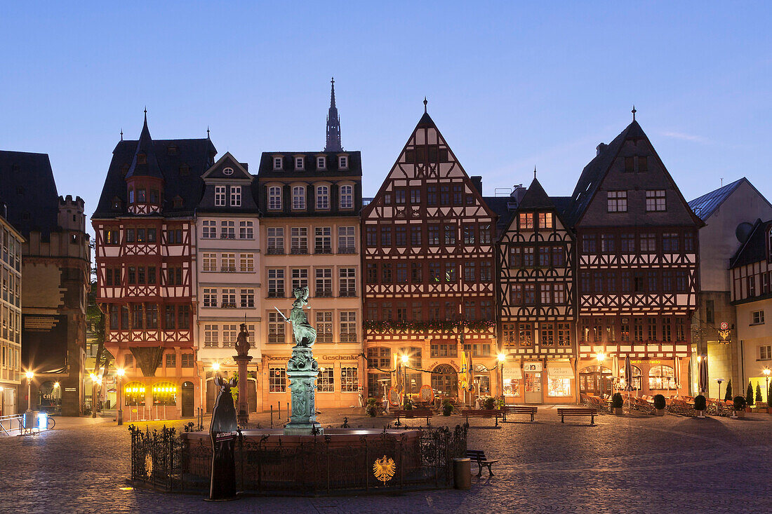 Half-timbered houses and Justitia Fountain at Roemerberg square, Frankfurt, Hesse, Germany, Europe