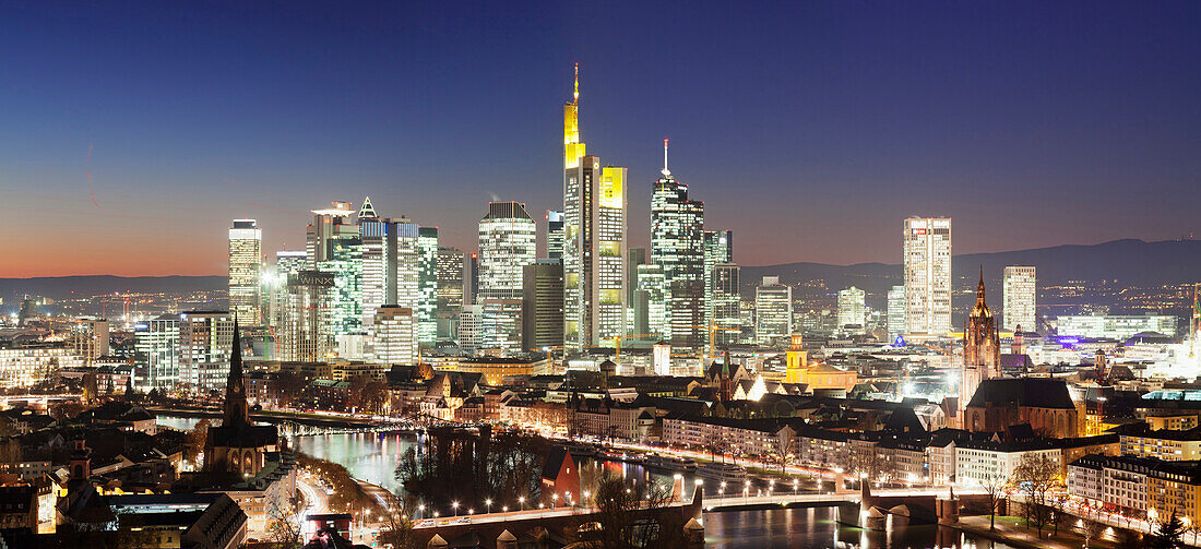 View over Main River to the financial district skyline, Kaiserdom cathedral, Paulskirche church, Frankfurt, Hesse, Germany, Europe