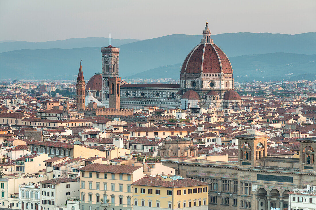 View of the Duomo with Brunelleschi Dome and Basilica di Santa Croce from Piazzale Michelangelo, Florence, UNESCO World Heritage Site, Tuscany, Italy, Europe