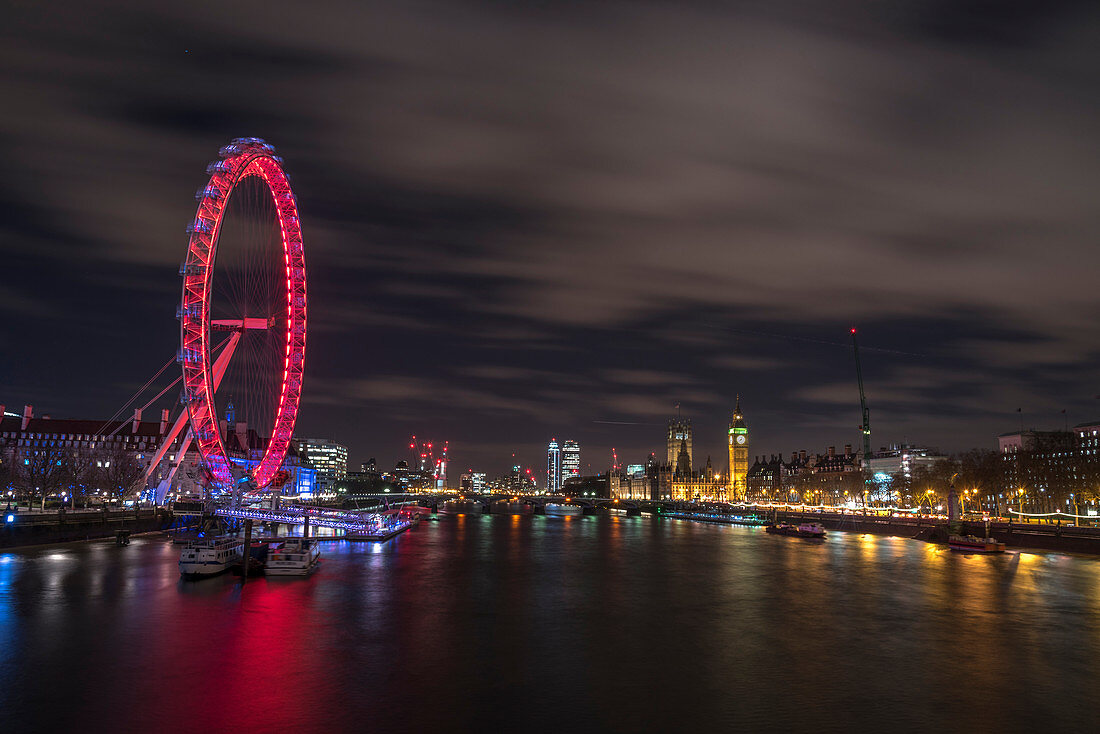 The view of the London Eye, River Thames and Big Ben from the Golden Jubilee Bridge, London, England, United Kingdom, Europe