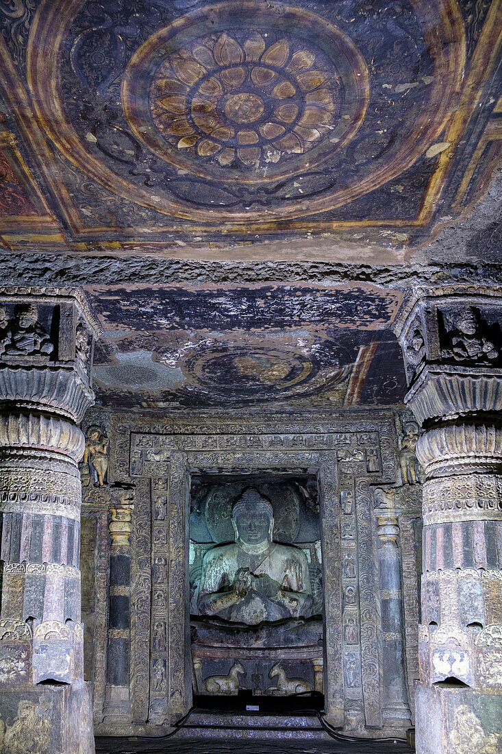 Buddha statue and painting in the Ajanta Caves, UNESCO World Heritage Site, Maharashtra, India, Asia