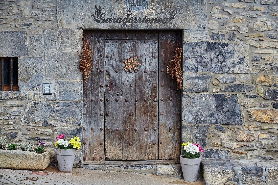 Entrance door, Aya, Gipuzkoa province, Basque Country, Spain, Europe.