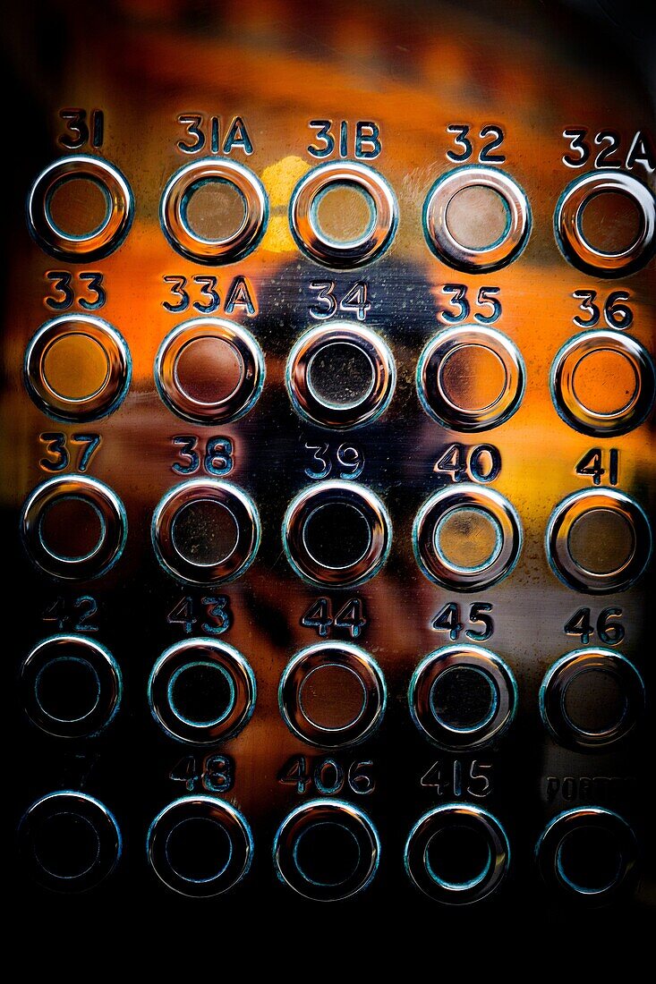 Rows of doorbells on a metal panel. Kensington Gore, Kensington, London, England
