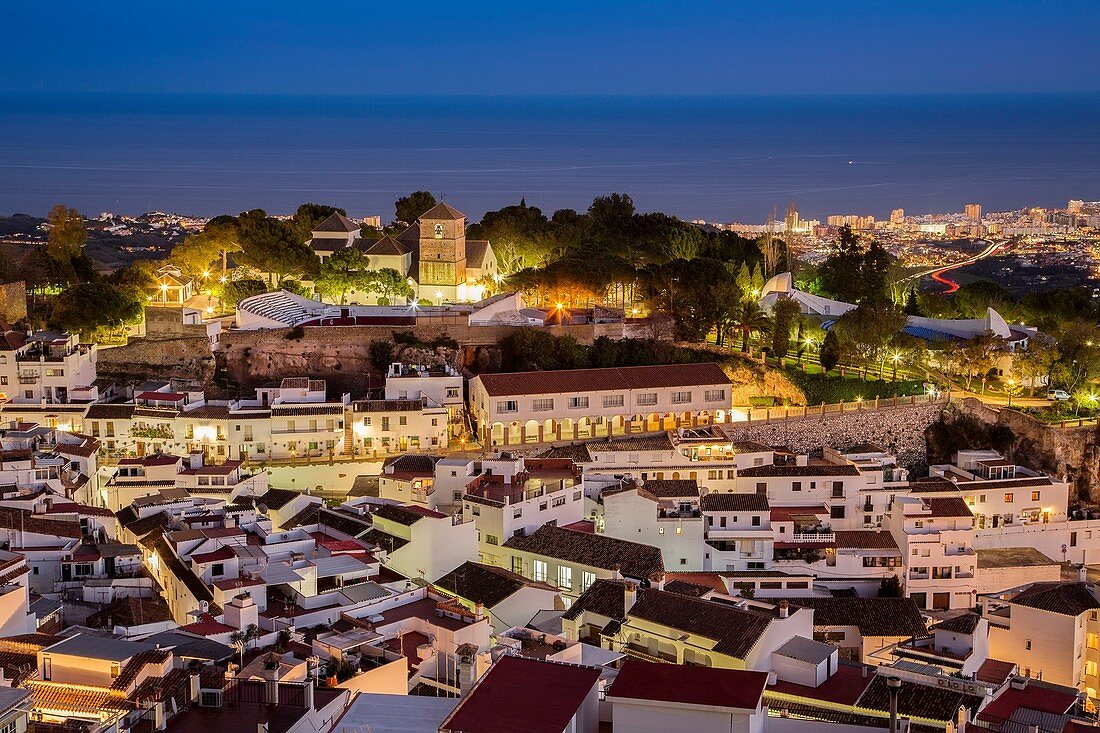 White village of Mijas at dusk. Malaga province Costa del Sol. Andalusia Southern Spain, Europe.