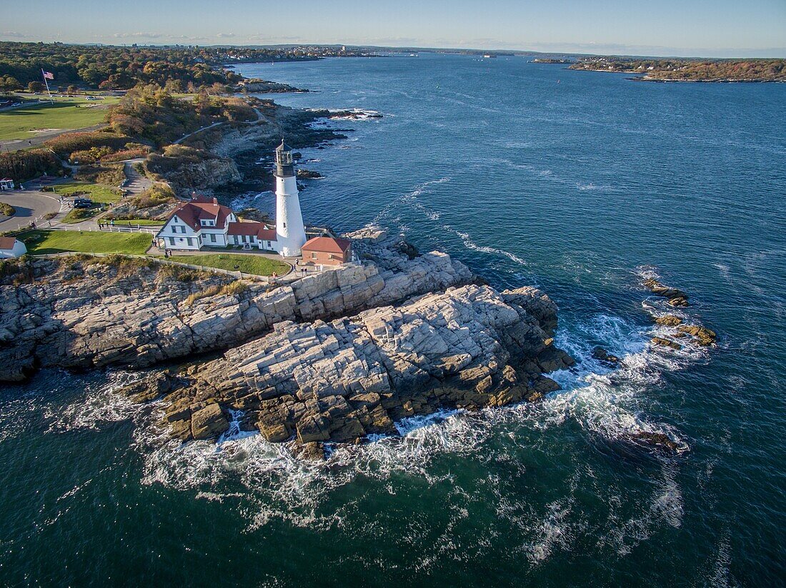 Aerial landscape over Two Lights with Portland Head Lighthouse in Cape Elizabeth, Maine.