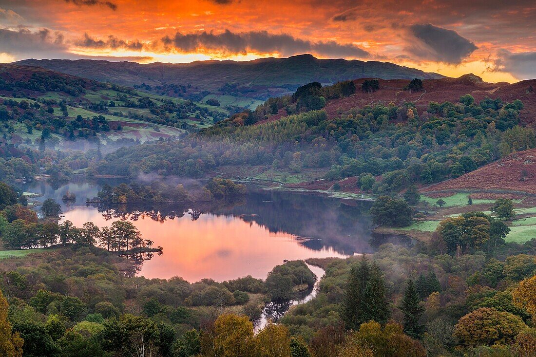 A view over Rydal Water from White Moss Common, Lake District National Park, Cumbria, England, United Kingdom, Europe.