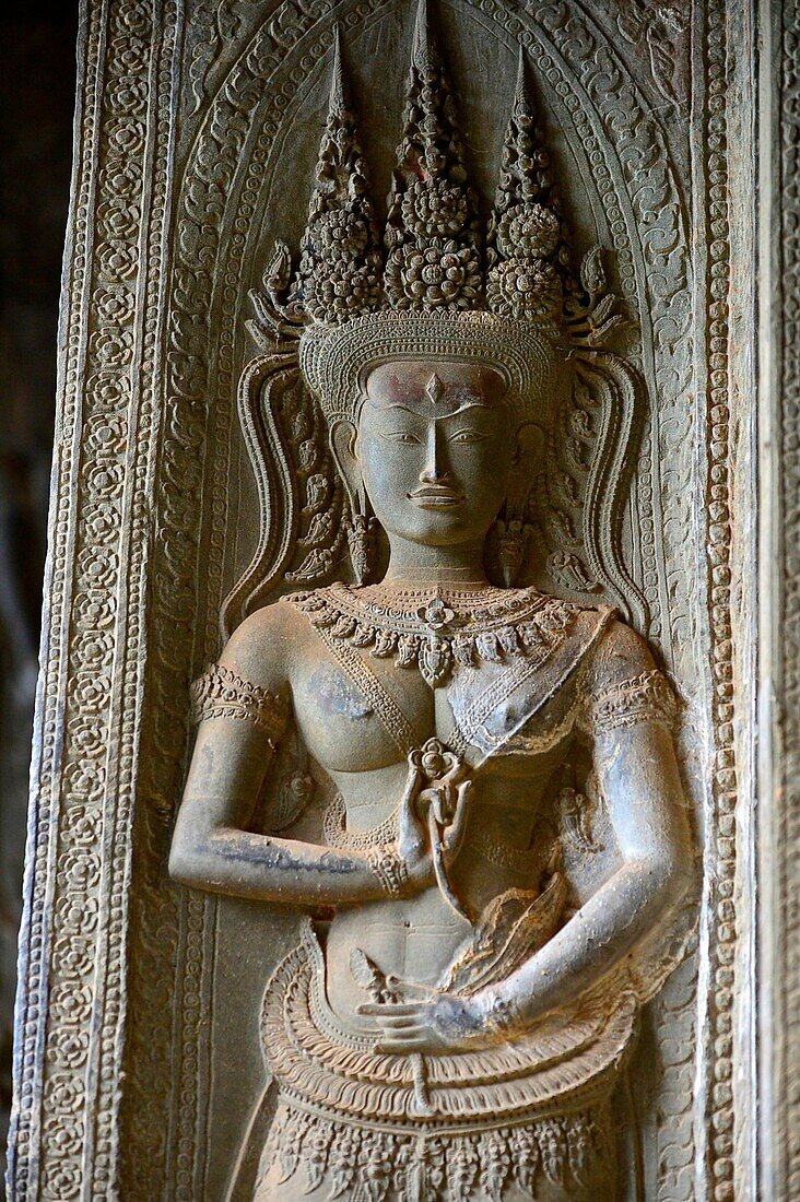 Detail of wall sculpture-Apsara,Angkor Wat temple,Cambodia,Indochina,Southeast Asia,Asia.