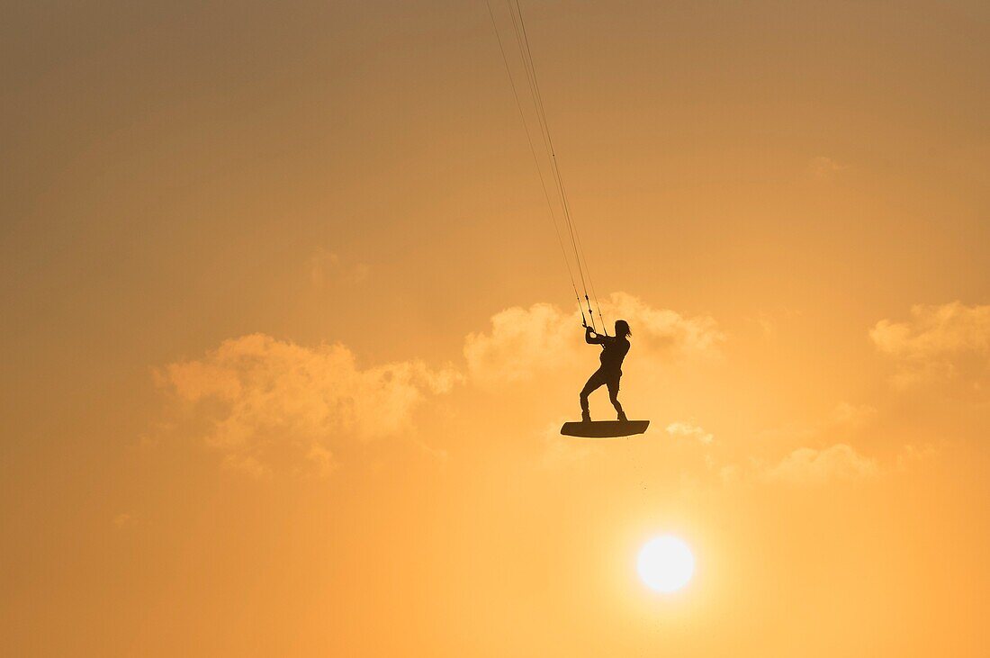 Kitesurfing action. Tarifa, Costa de la Luz, Cadiz, Andalusia, Spain.
