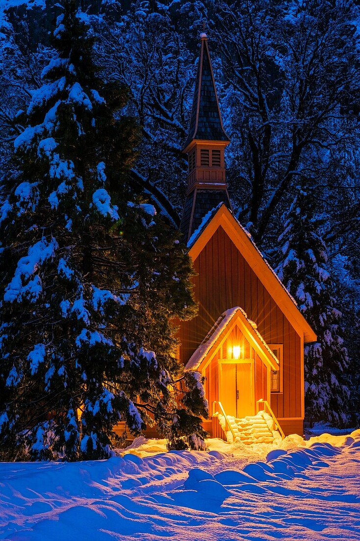 Yosemite chapel in winter, Yosemite National Park, California USA.