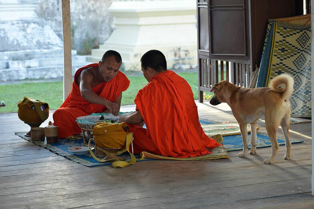 Buddhist monks at monastery,Don Khong islands,Four Thousand islands,South Laos,Southeast Asia.