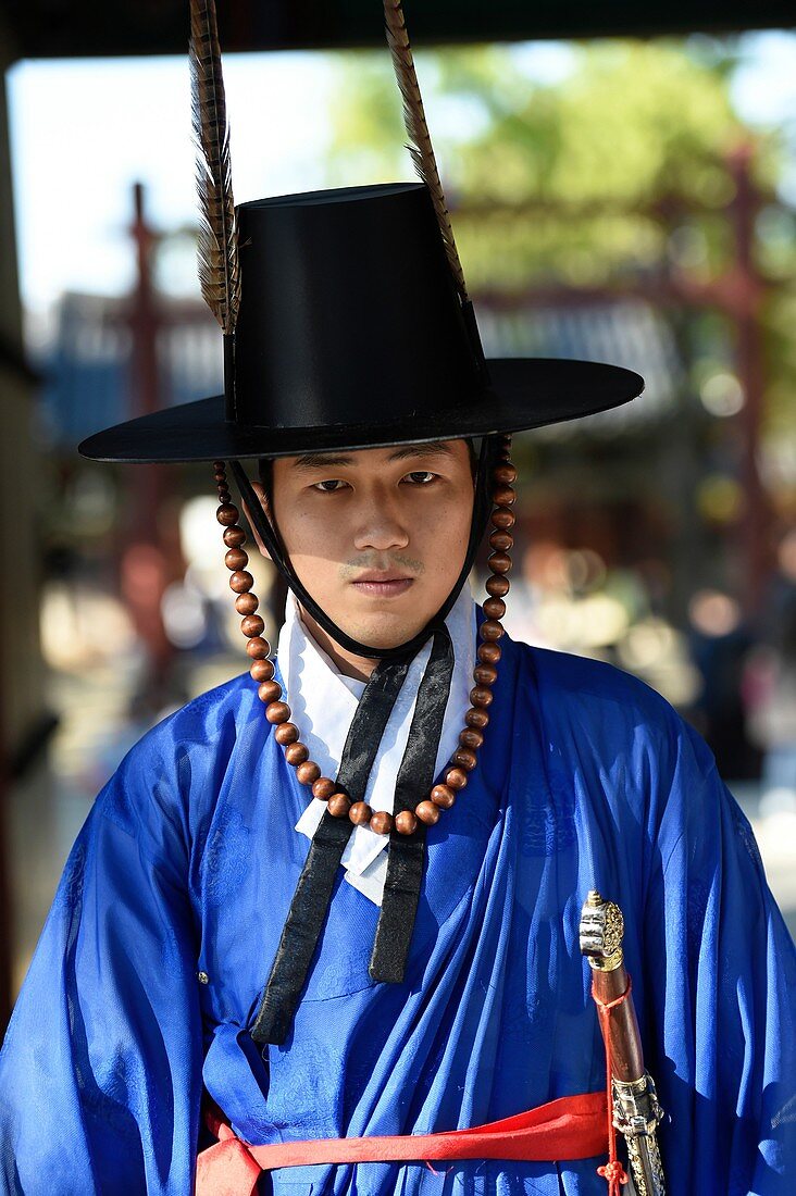 Portrait of Korean man in traditional costume, Jeonju, South Korea.