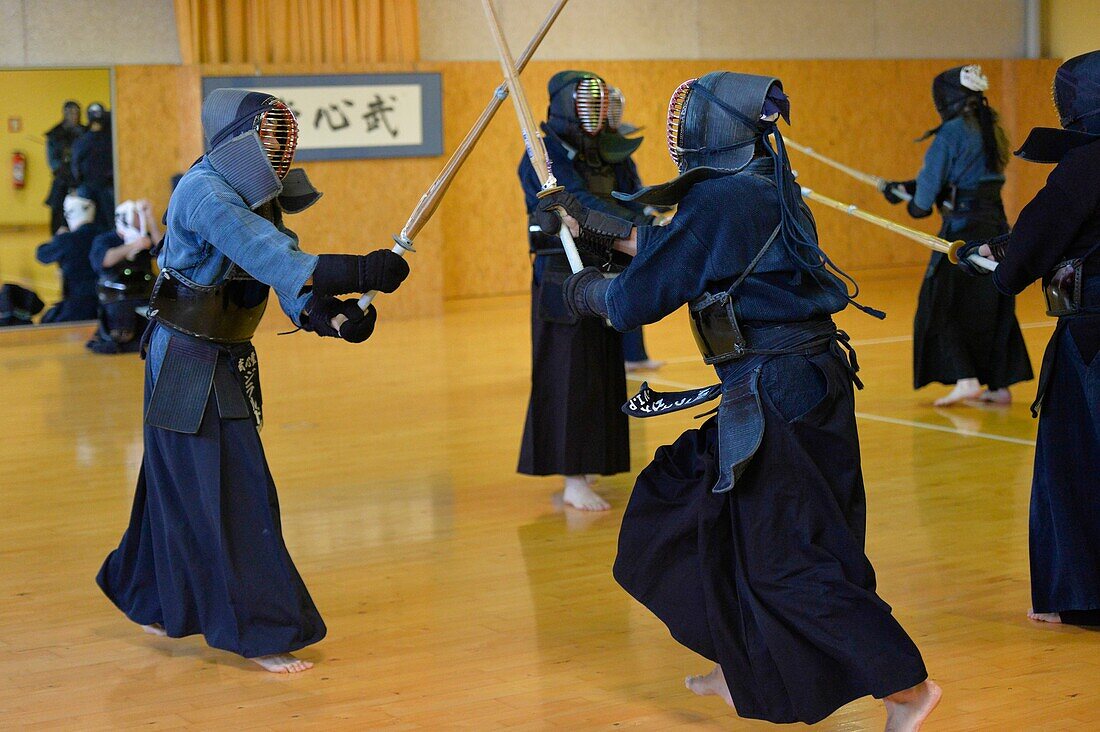 Full length of people practicing Kendo in Sartrouville,Yvelines,France.