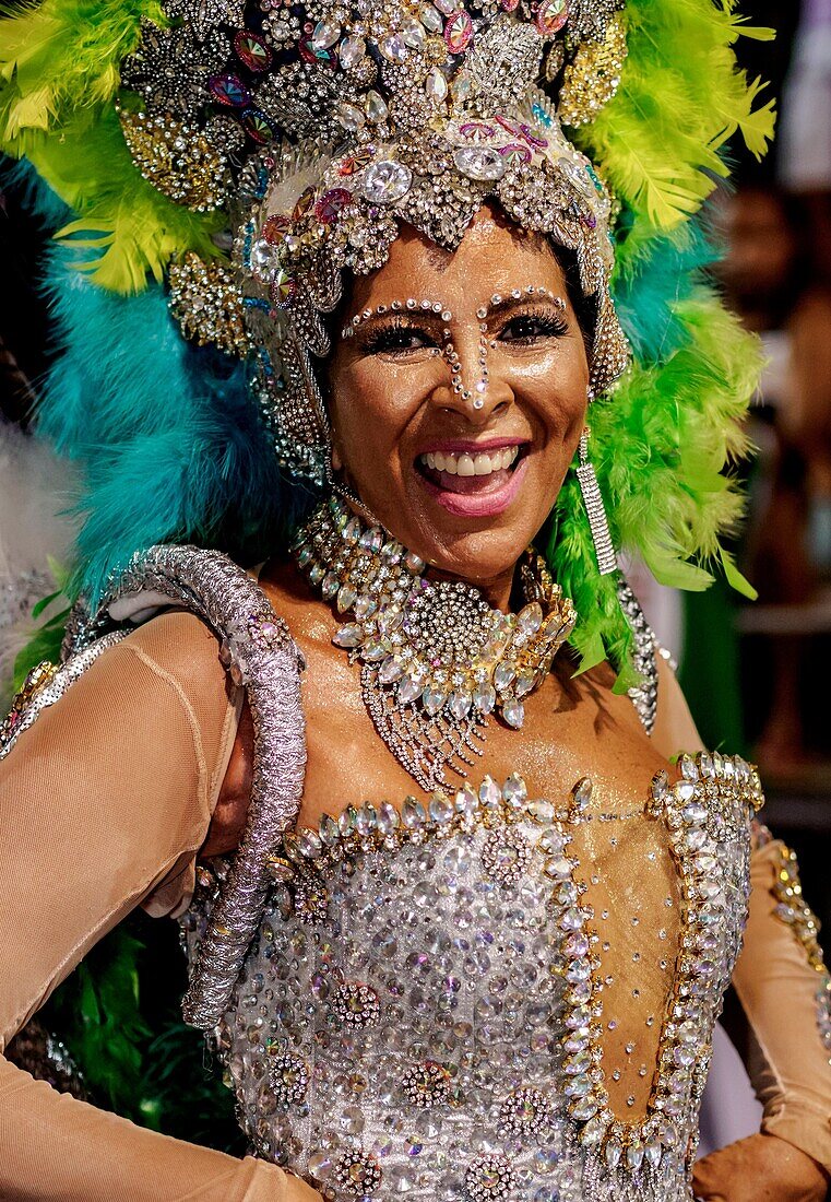 Brazil, State of Rio de Janeiro, City of Rio de Janeiro, Samba Dancer in the Carnival Parade.