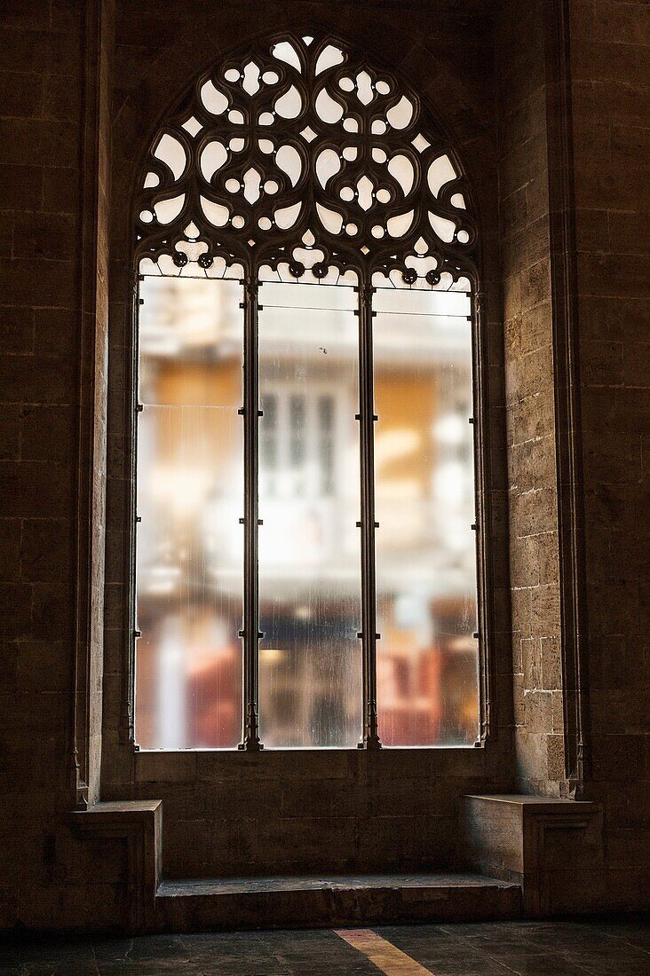 Window in the hall of columns of the Lonja de la Seda (Silk Exchange), Valencia, Spain