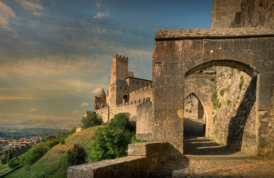 Arch entrance to castle in Carcassonne, Languedoc-Roussillon, France