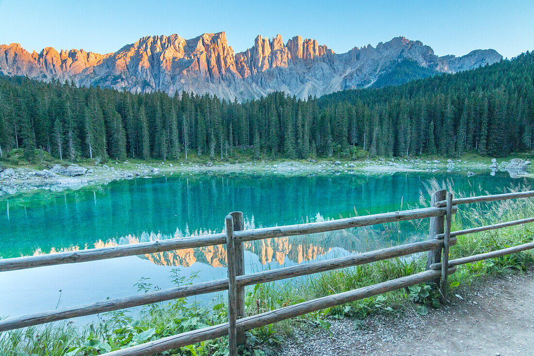 Carezza lake at sunset, Trentino Alto Adige Region, Italy, Europe