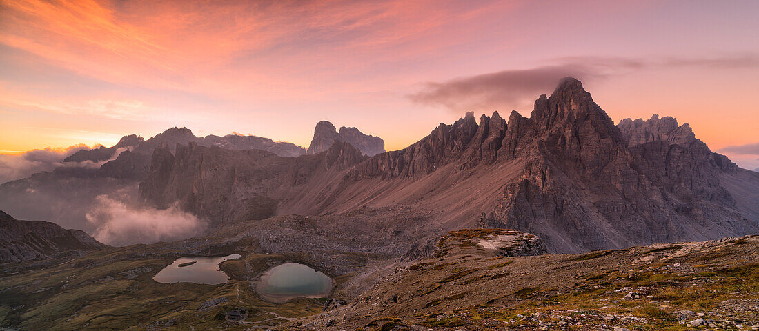 Sesto Dolomites, Bolzano province, Trentino Alto Adige, Italy, Europe, Croda die Toni, Piani Lake and Mount Paterno at sunrise