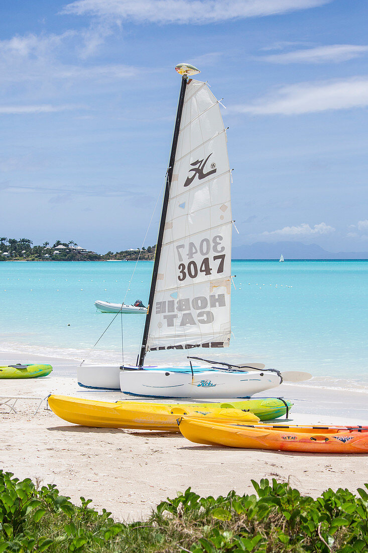 The resort on the Caribbean Sea and the boats for tourists Jolly Beach Antigua and Barbuda Leeward Island West Indies