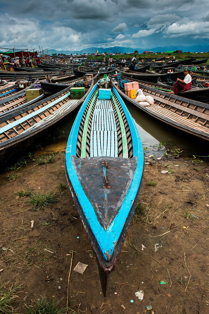 Inle Lake, Myanmar, South East Asia, Boat park in the near village