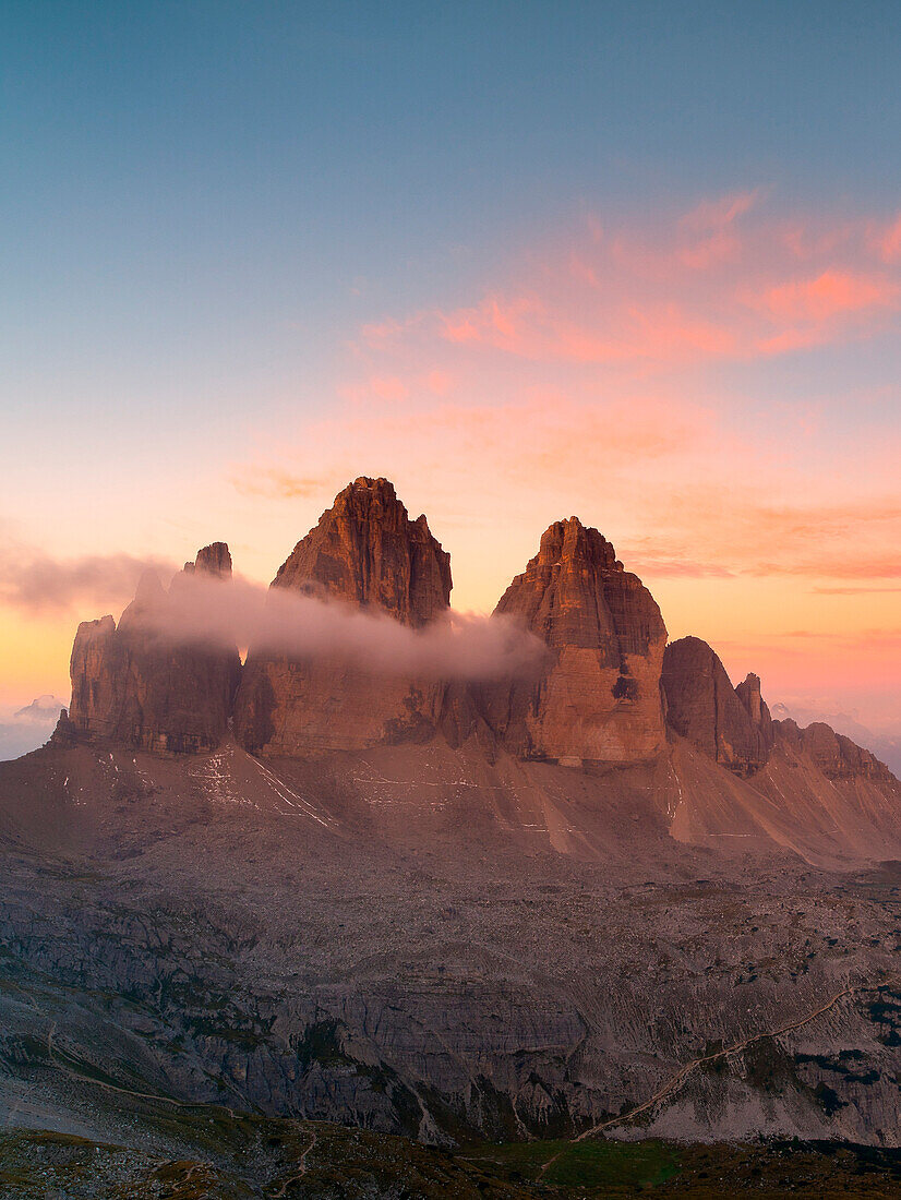 Sesto Dolomites, Trentino Alto Adige, Italy, Europe, Three Peaks of Lavaredo at sunrise