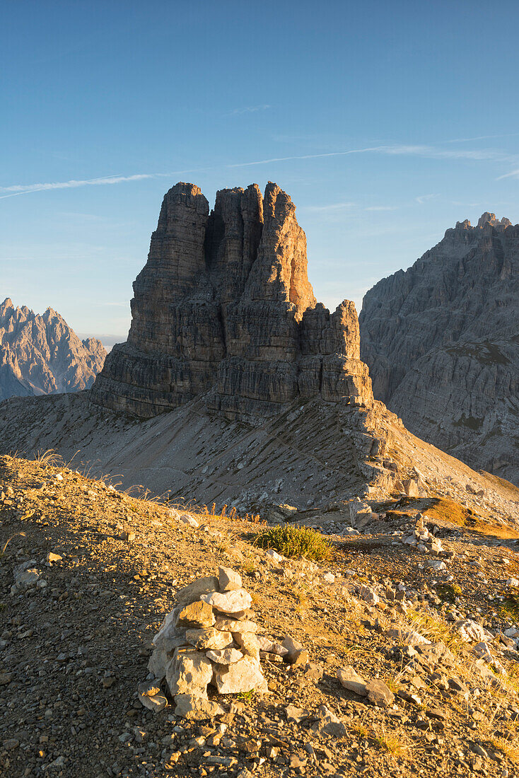 Sesto Dolomites, Bolzano province, Trentino Alto Adige, Italy, Europe, Toblin tower at sunrise