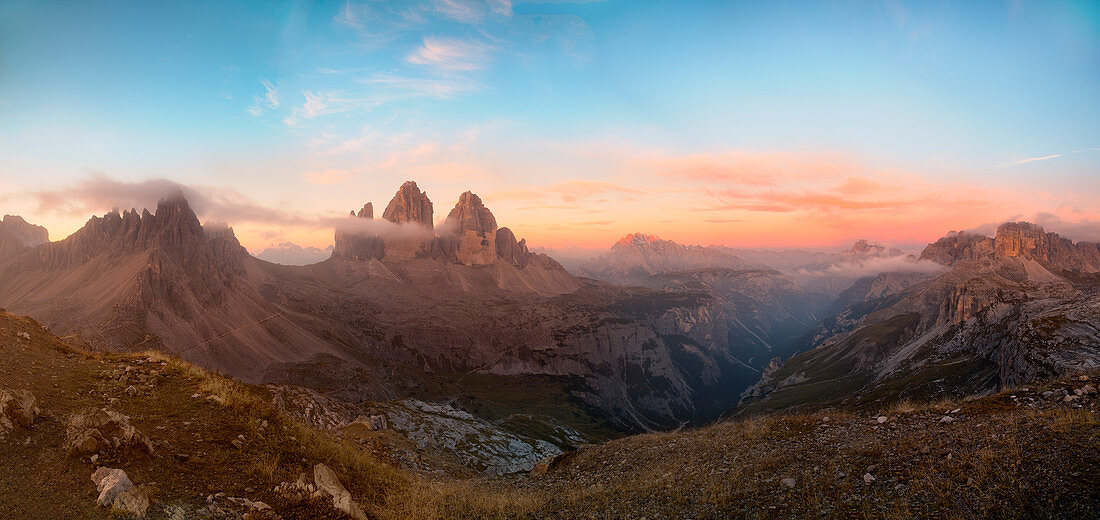Sesto Dolomites, Trentino Alto Adige, Italy, Europe Panoramic image executed at dawn that takes up the Three Cime di Lavaredo, Mount Paterno and the group of the Dolomites of Sesto