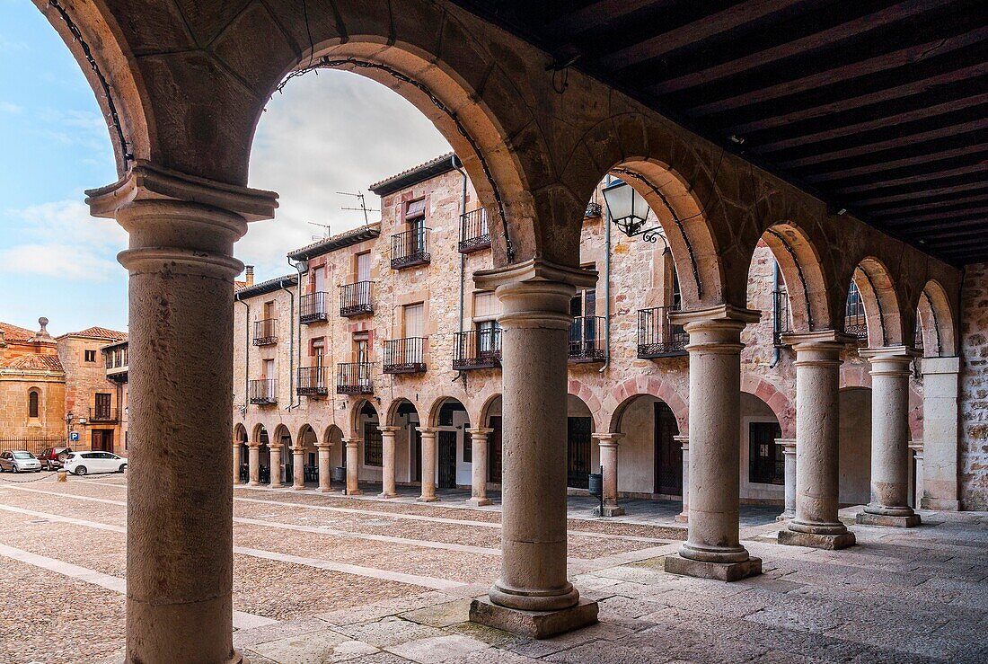 Town Hall arcade, Sigüenza, Guadalajara province, Castile La Mancha, Spain. Historical Heritage Site.