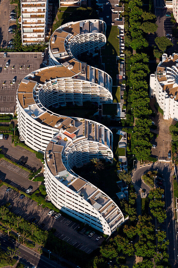 France, Languedoc-Roussillon, Herault seaside resort, aerial view of La Grande-Motte