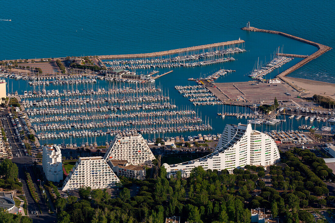 France, Languedoc-Roussillon, seaside resort of Herault, aerial view of La Grande-Motte