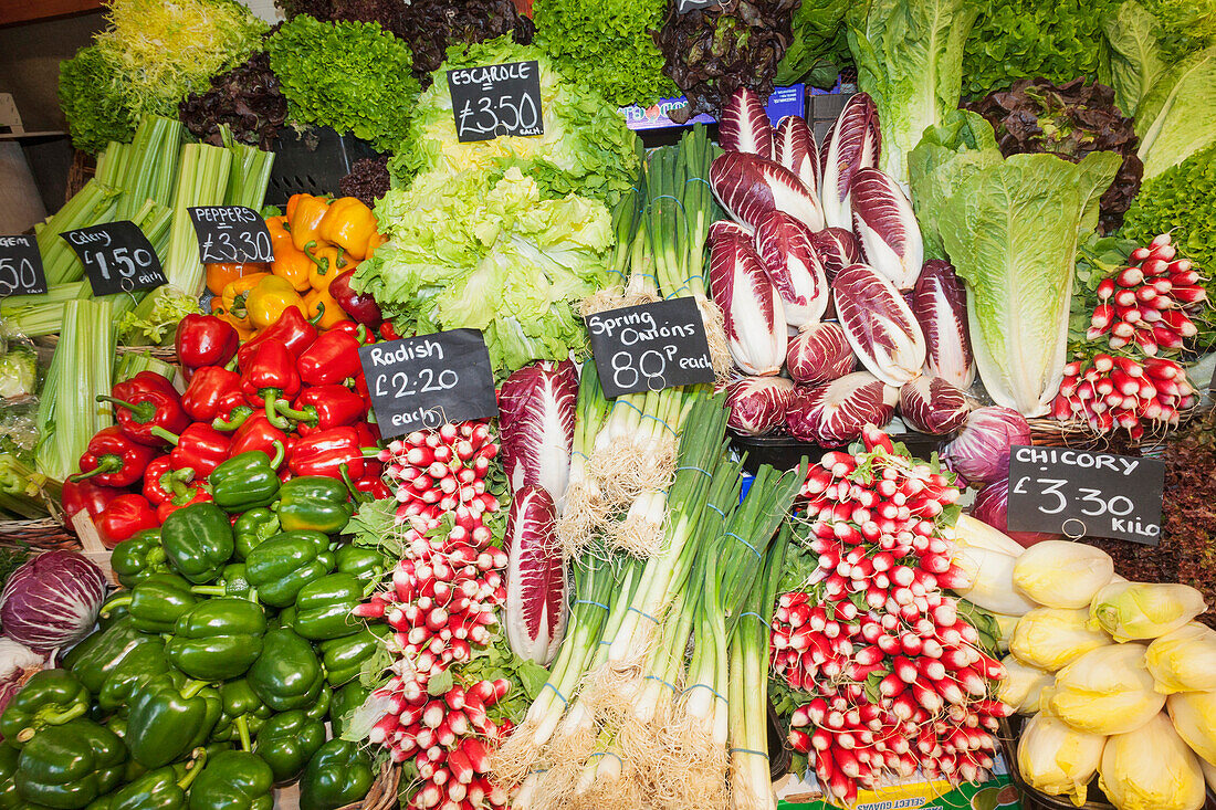 England, London, Southwark, Borough Market, Vegetable Shop Display