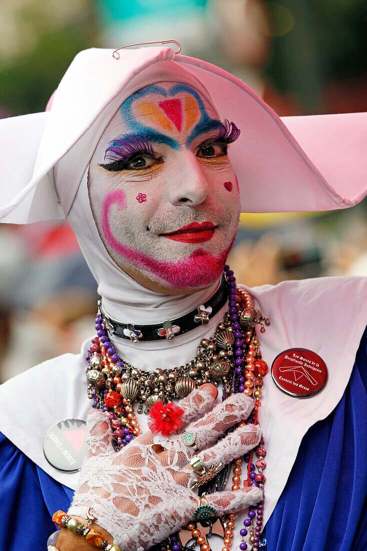 France, Paris. Gay Pride 2014. Transvestite posing.