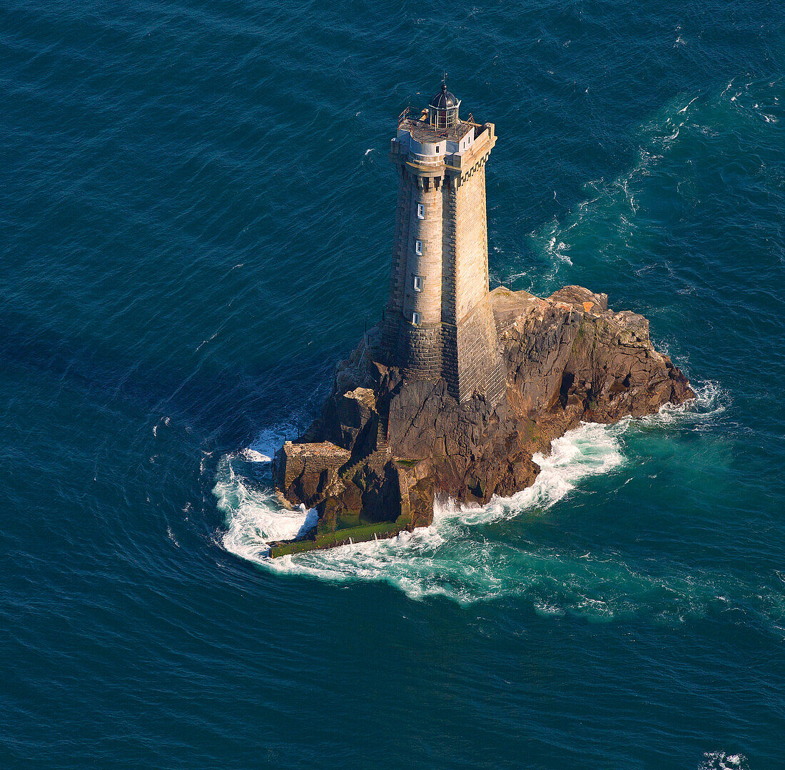 France, Brittany, Finistere, La Pointe du Raz, a site labeled Grand Site de France, La Vieille lighthouse, aerial view