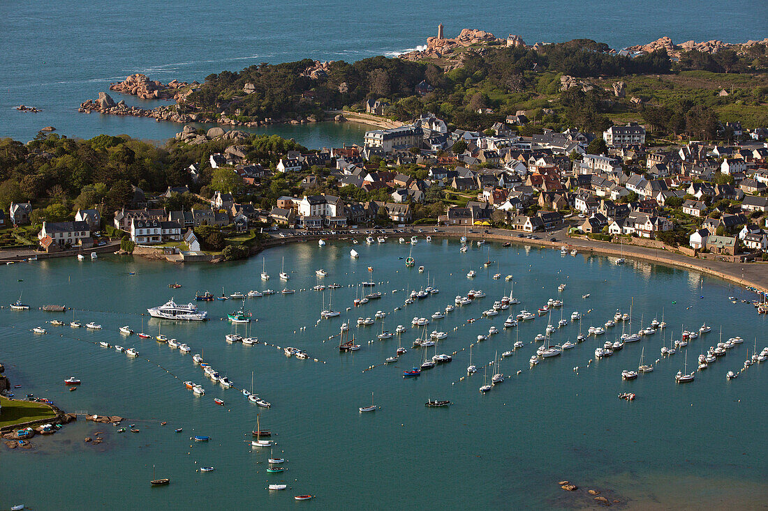 France, Brittany, Cotes-d'Armor, Perros-Guirec, Ploumanac'h port, sea resort, Pink Granite Coast, aerial view