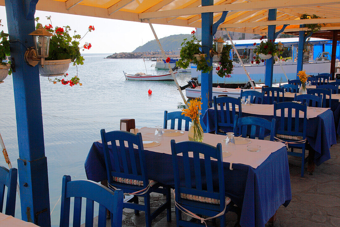 Turkey, province of Canakkale, Behramkale, Assos site, Assos harbour, terrace of a restaurant in the harbour