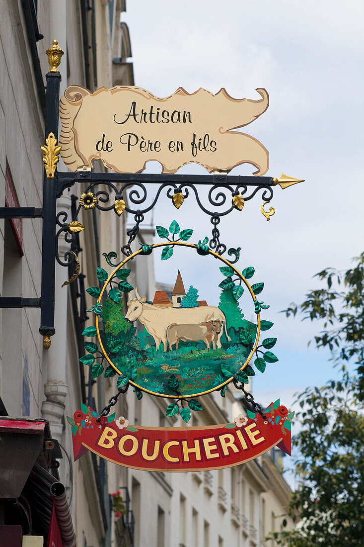France, Paris, 3th district, rue de Bretagne, sign of a butcher