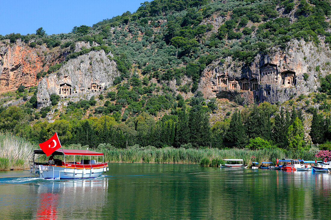 Turkey, province of Mugla, Dalyan, Dalyan river and Lycian tombs in the cliff