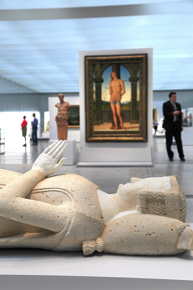 France, Northern France, Lens, Lens Louvre museum, the great exhibition room (architectes Kazuyo Sejima/Ryue Nishizawa©Sanaa) Painting: Saint Sebastian by Pietro Perugino. Foreground: fragment of a mortuary monument