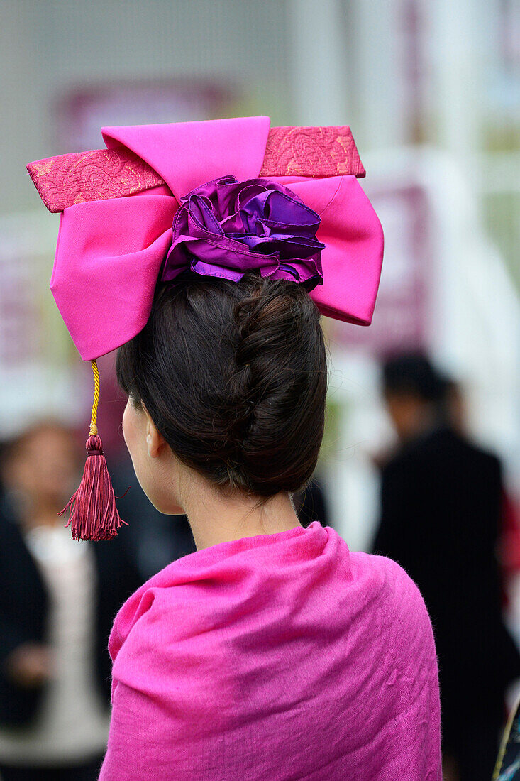 France, Paris 16th district, Longchamp Racecourse, Qatar Prix de l'Arc de Triomphe on October 4th and 5th 2014, closeup of an elegant and fashionable young lady seen from behind, wearing a hat