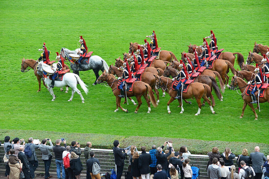 France, Paris 16th district, Longchamp Racecourse, Qatar Prix de l'Arc de Triomphe on 4th and 5 th October 2014, the French Republican Guard on horse back.