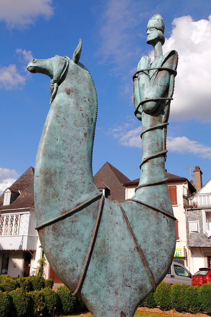 'France, Aquitaine, Pyrenees Atlantiques, Oloron-sainte-Marie, Sainte Marie area, sculpture ''Saint Grat's Legend'' by Pierre Castillou, in front of Sainte-Marie cathedral'