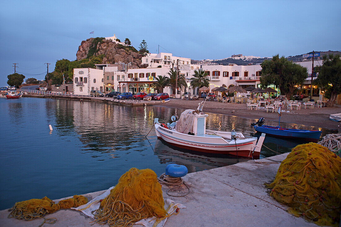 Beach tavernas, Harbour Skala, Patmos, Dodecanese, Greece