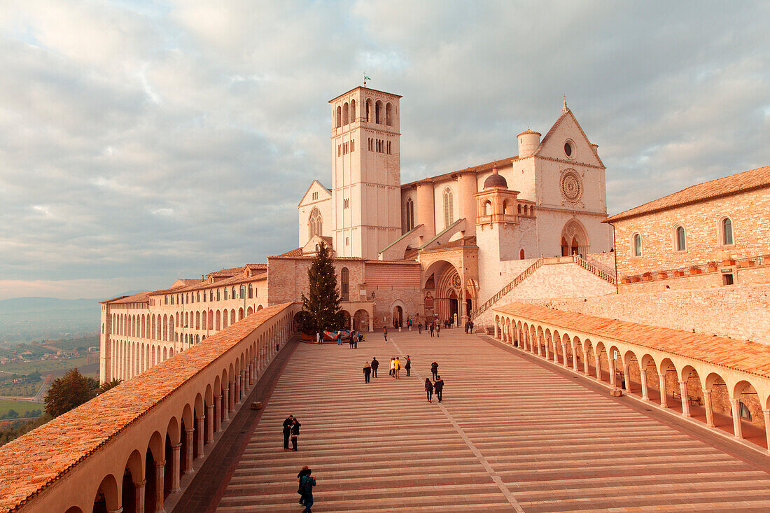 Europe, Italy, Perugia distict, Assisi, The Basilica of St, Francis at sunset