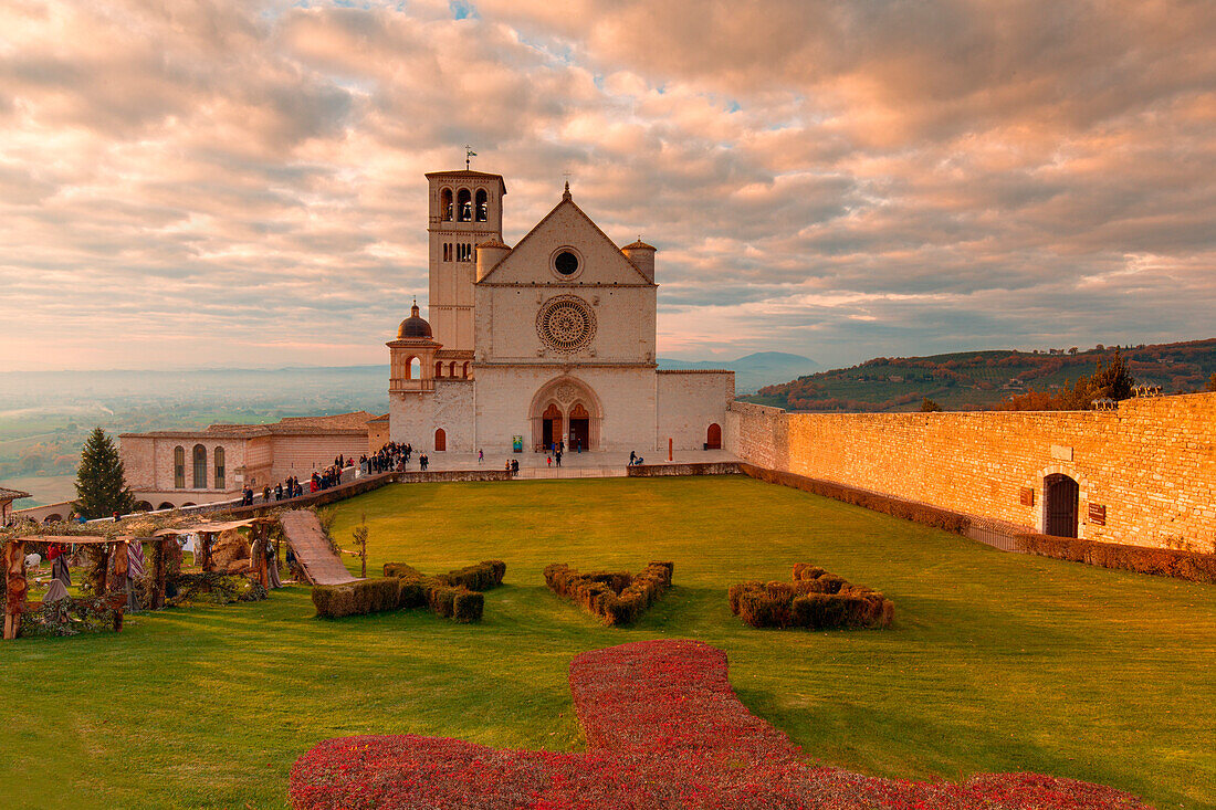 Europe, Italy, Perugia distict, Assisi, The Basilica of St, Francis at sunset